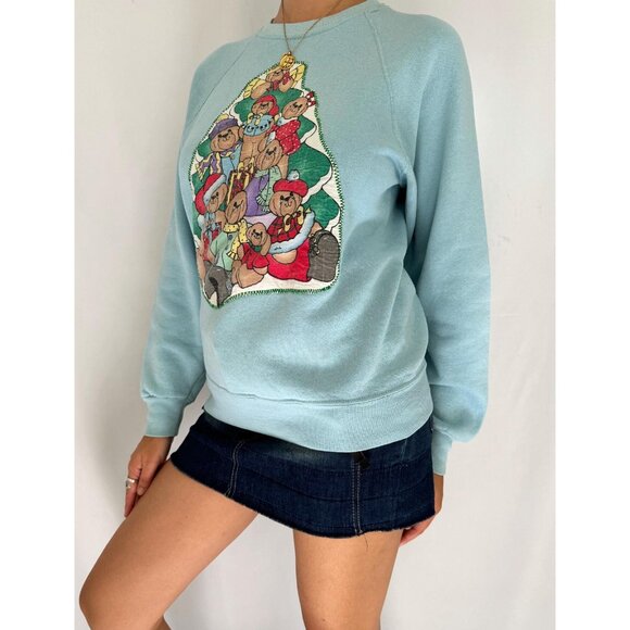 90s vintage reworked teddy bear animal christmas tree holiday pullover sweater - Picture 2 of 6